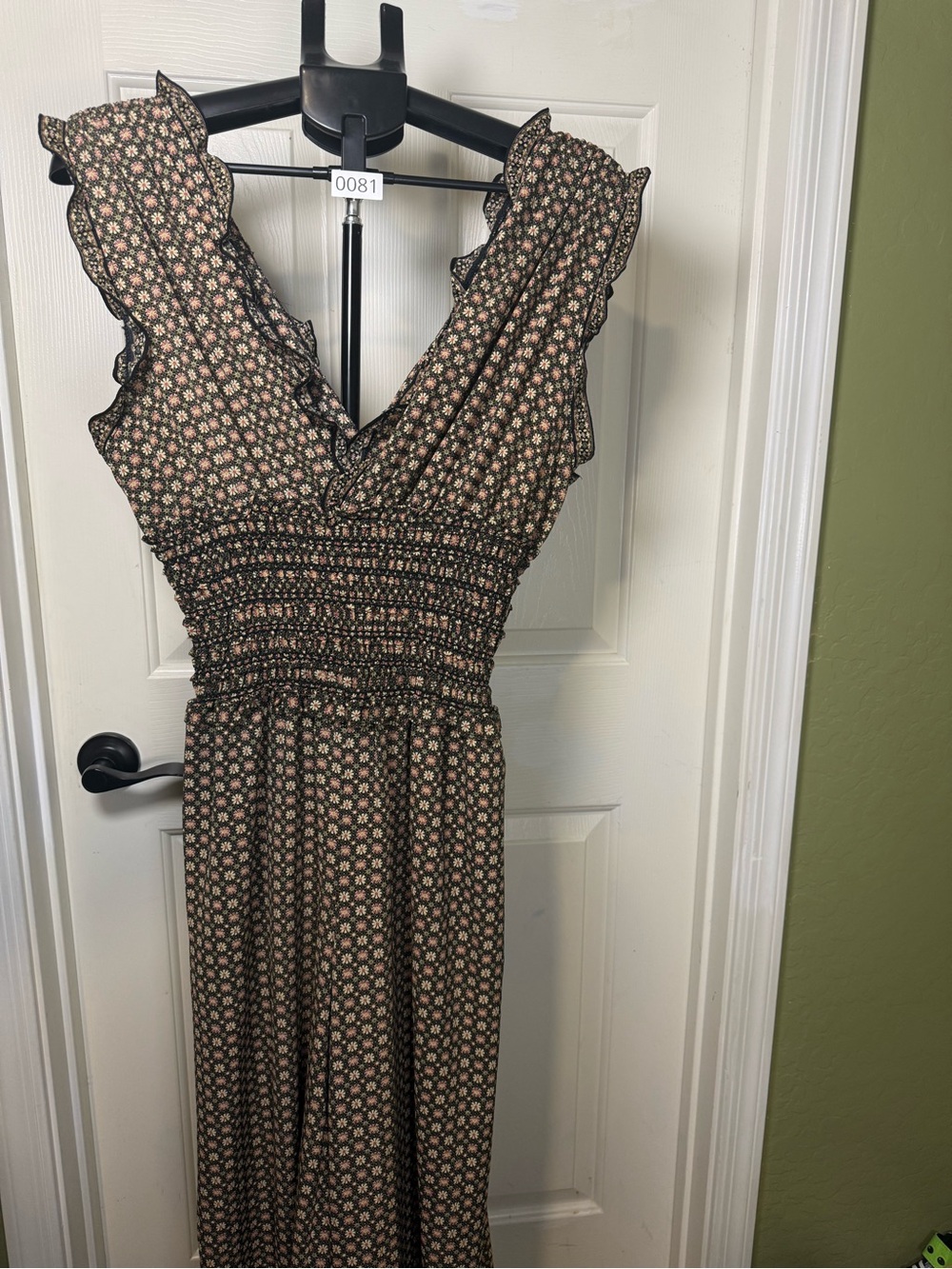 Max Studio Black Floral V-Neck Smocked Waist Jumpsuit Boho Feminine